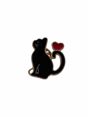 Black Cat Enamel Pin with Red Heart Tail - Cute Cat Lapel Pin